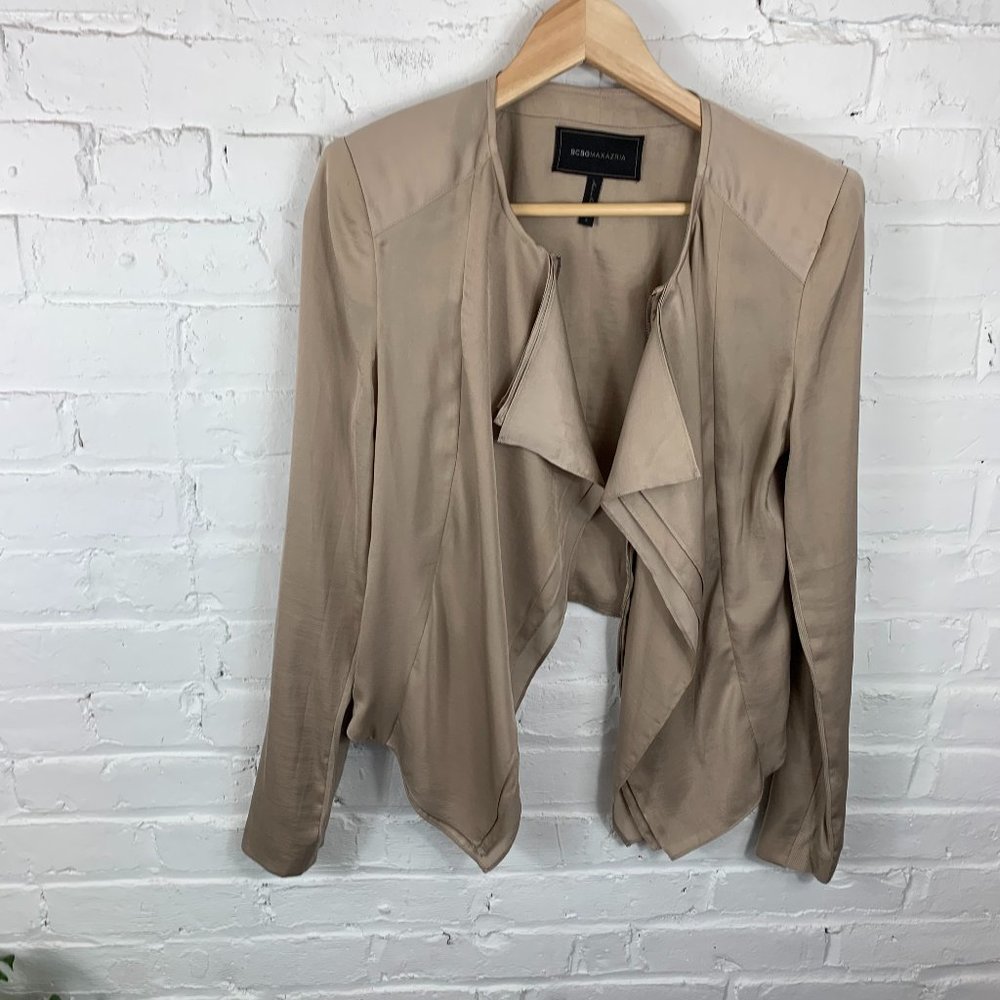 BCBGMaxazria Long Sleeve Open Front Blouse Tan S